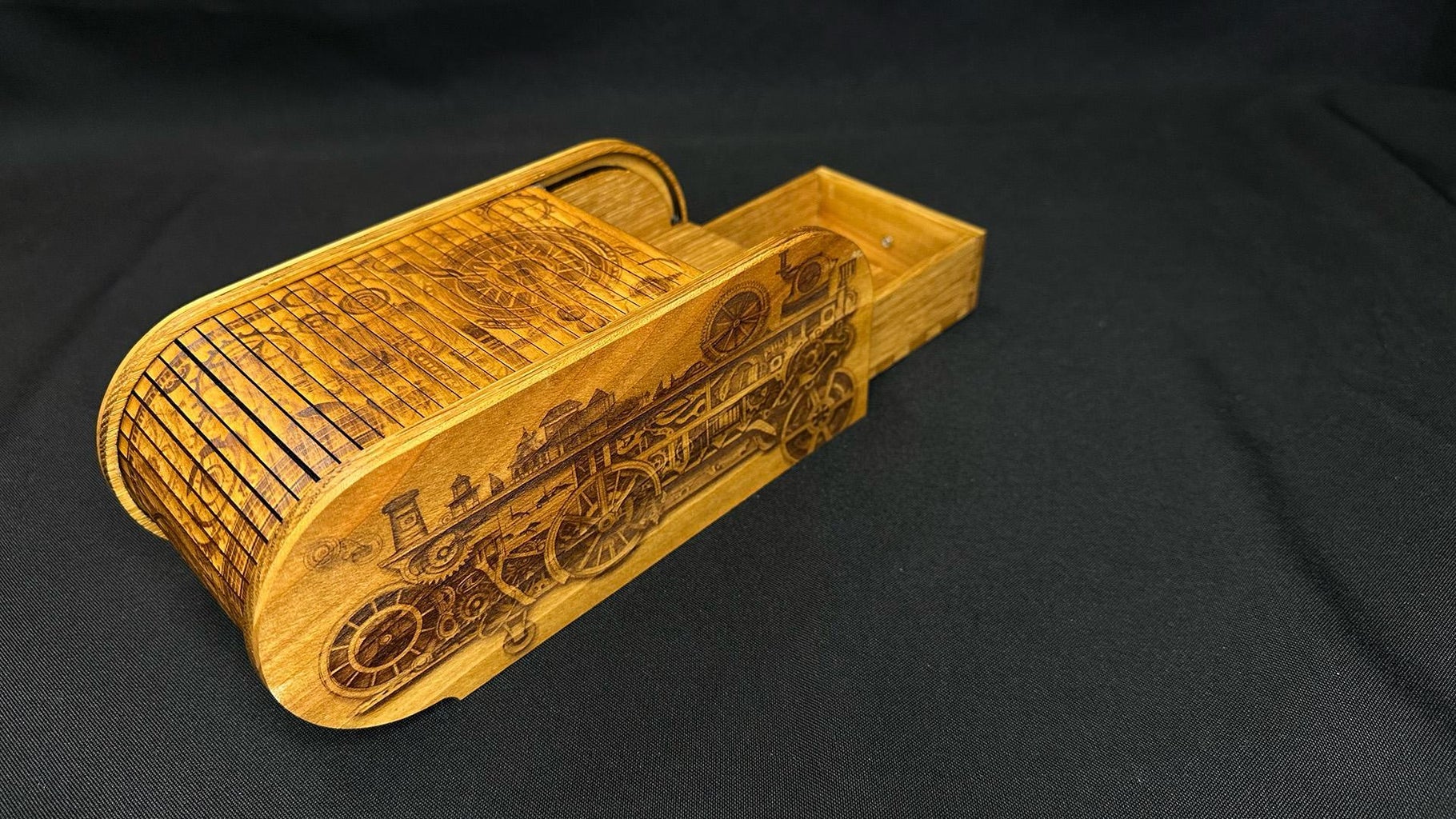 Unusual Wooden Pencil Box With Steampunk Engraving / Tambour
