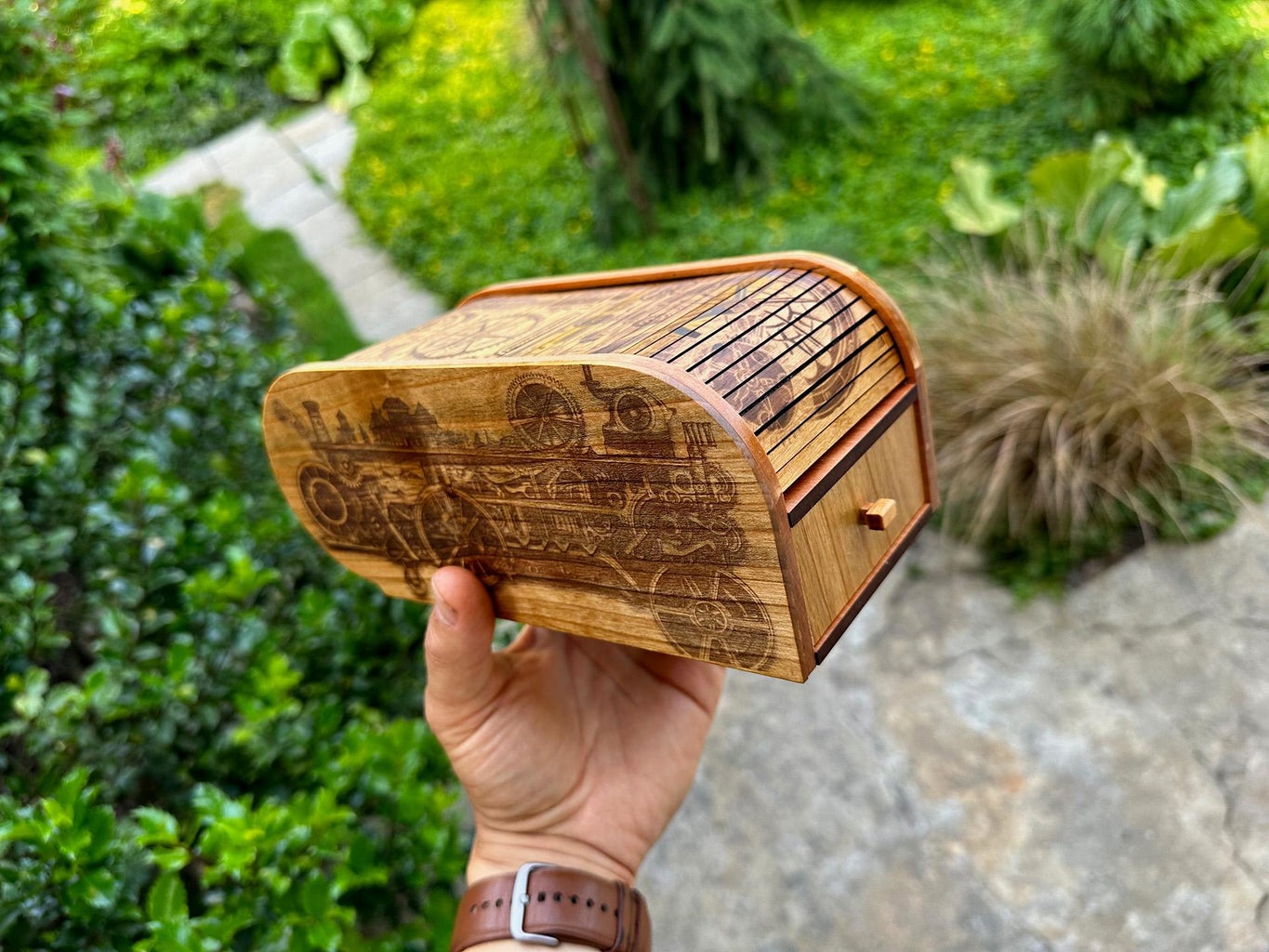 Unusual Wooden Pencil Box With Steampunk Engraving / Tambour